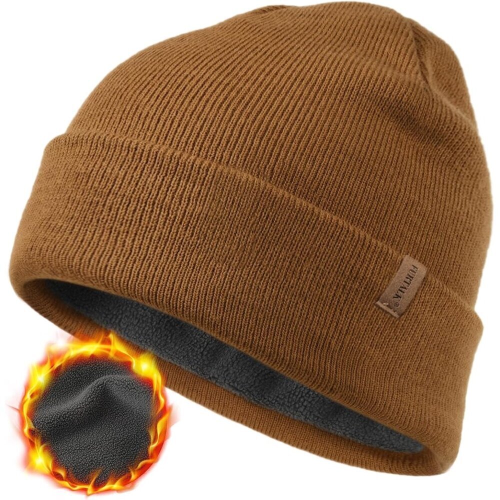 Men's Brown Beanie Fleece Lined Double Layered Stylish Knitted Cuffed Plain Hat